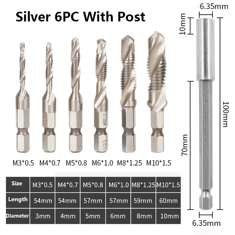 

6Pcs Hexagon Shank Compound Tap Drill Bit M3-M10 Silver Titanium Color HSS High Speed Steel Driver Bit Spiral Compound Drill