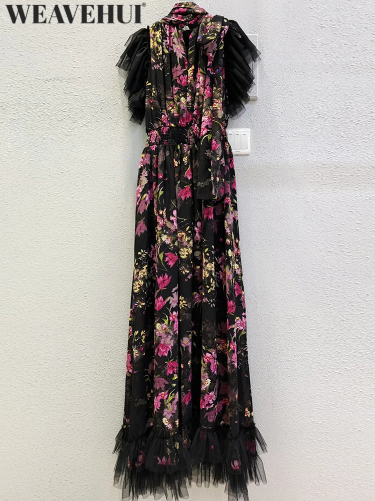 WEAVEHUI Women Lace-Up Stand Collar Flying Sleeve Print Slit Design Summer New model Vintage Temperament Dresses