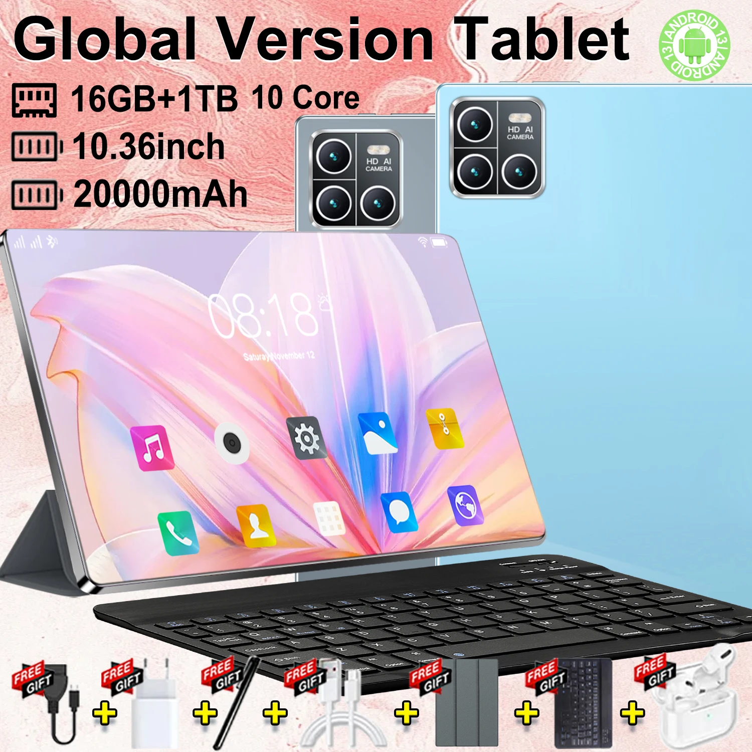 Tablette intelligente 10,36 pouces Android 13 à forte fidélité client, processeur 14 cœurs performant pour le multitâche, stockage généreux 16 Go + 1 To pour médias et documents, batterie longue durée 20000 mAh à faible consommation, réseau 5G double stable et Wi-Fi fiable, doubles caméras HD, idéale pour les vacances