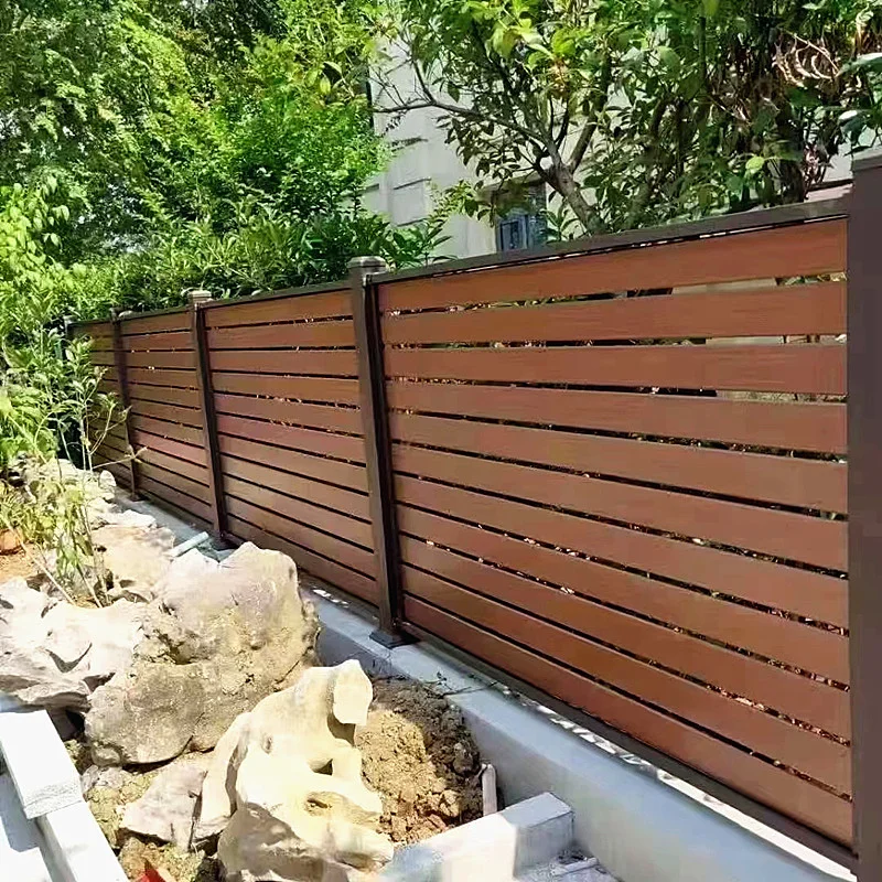 Chinese hot selling Customized metal wooden grain fence aluminium slat semi privacy no dig fence outdoor for home garden