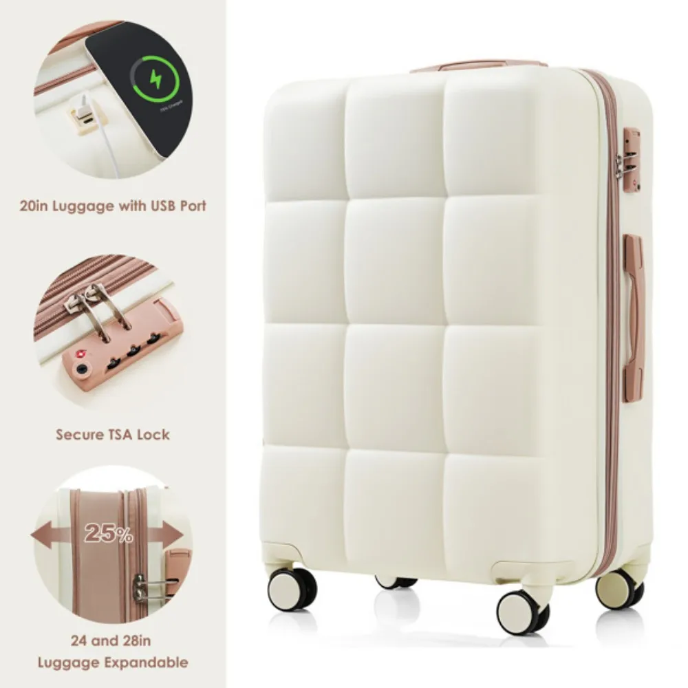 Juegos de equipaje 4 piezas 20 pulgadas con puerto USB maleta duradera ABS expandible con bolsa de viaje portavasos ruedas giratorias ABS