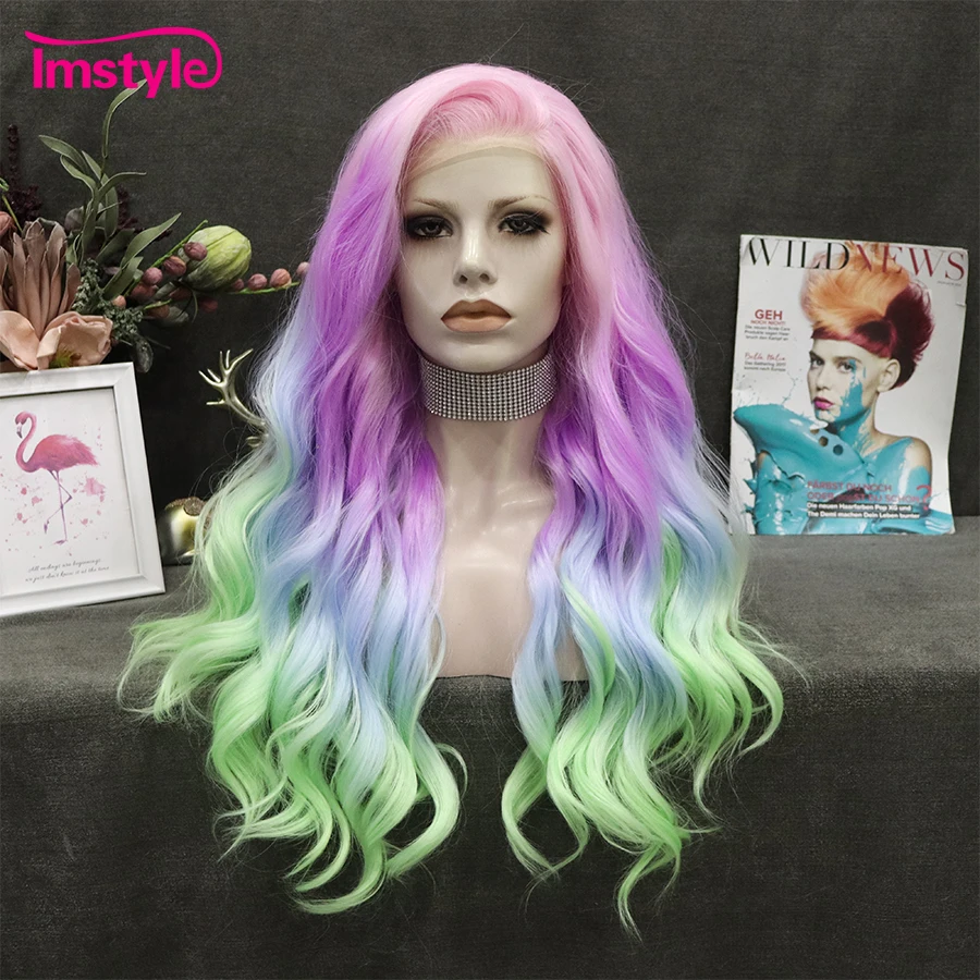 

Imstyle розовый фиолетовый синтетический кружевной передний парик красочный женский термостойкий искусственный парик из волокна для косплея