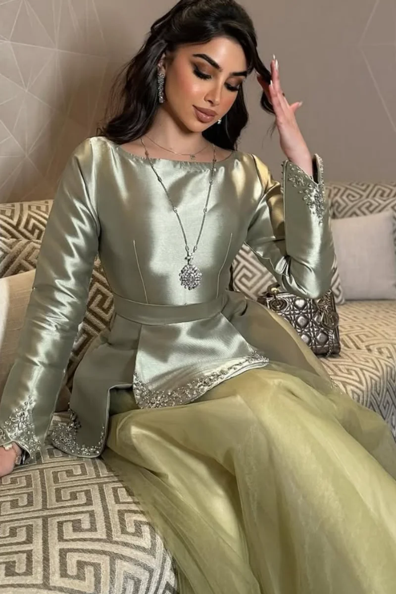 Jessica Light Green Satin Long Sleeves Evening Dresses Organza Beaded Elegant Lady Prom Dresses Special Occasions Customized