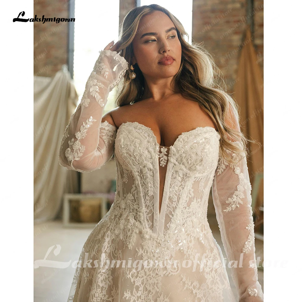 Lakshmigown Plus Size Hochzeitskleid Off-Shoulder A-Linie Spitzenapplikationen Lange Ärmel Exquisite Vestidos De Novia Maßanfertigung – Detail 9