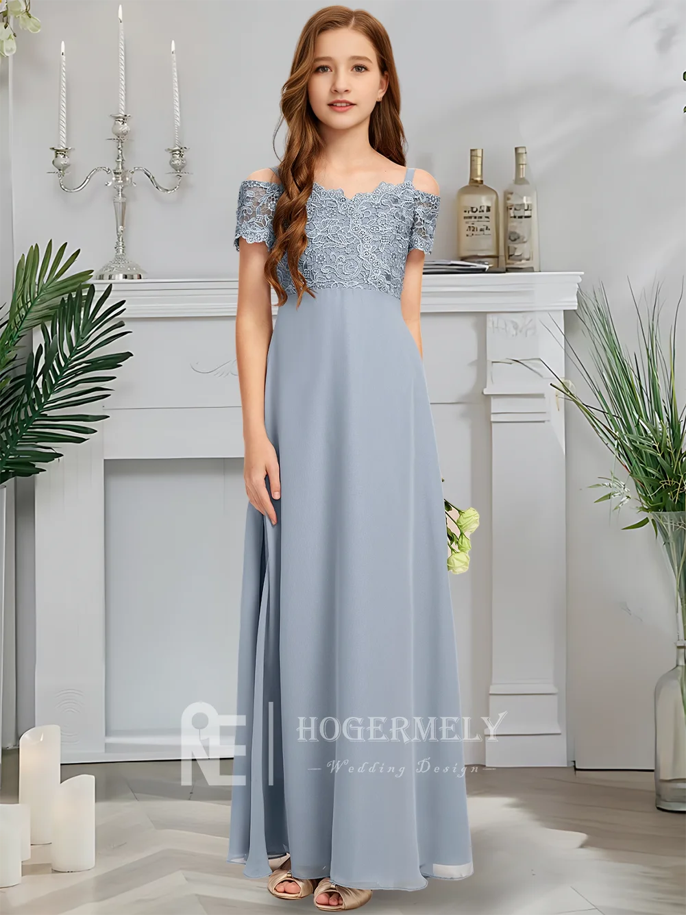 Gaun Pengiring Pengantin Junior Model Cold Shoulder untuk Anak Perempuan, Warna Biru Twilight, Gaun Pengiring Pengantin Panjang Menyentuh Lantai, Bahan Chiffon dengan Renda dan Ruffle Bertingkat