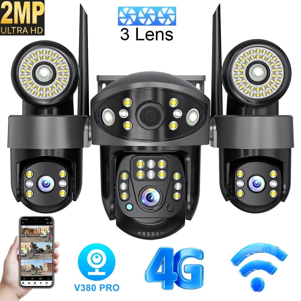 

2MP 3 Lens 4G Camera Security Wifi Home Surveillance Camera IP Camera Full Color Night Vision Infrared LED Light Automatic Alarm
