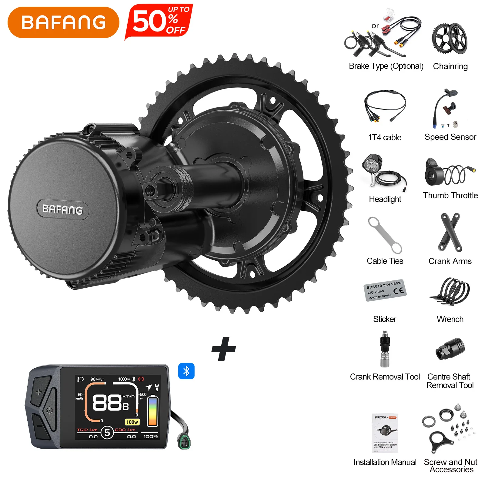 [EU Direktversand] BAFANG 48V 750W Mittelmotor-Kit, G340.750.C CAN-Protokoll, Mittelmotor E-Bike Umbausatz, bürstenloser, aufgerüsteter Motor mit LCD-Digitalanzeige und Kettenblatt für
