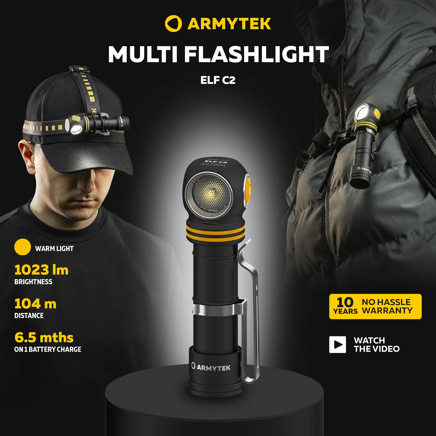 Armytek-Farol de LED Elf C2, Lanterna Multi Atualizado, Micro USB Recarregável, F05102C, F05102W