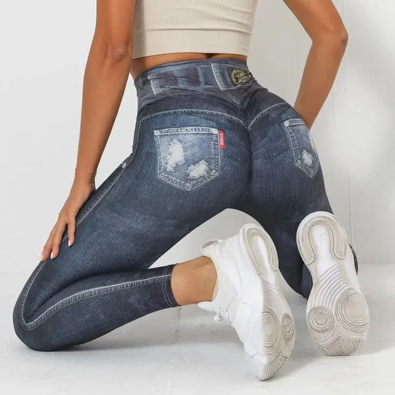 Stretch Well Fitness fałszywe kieszenie legginsy z wysokim stanem fałszywe dżinsy seksowne elastyczne Jeggings miękkie na co dzień cienkie spodnie ołówkowe — zdjęcie 2