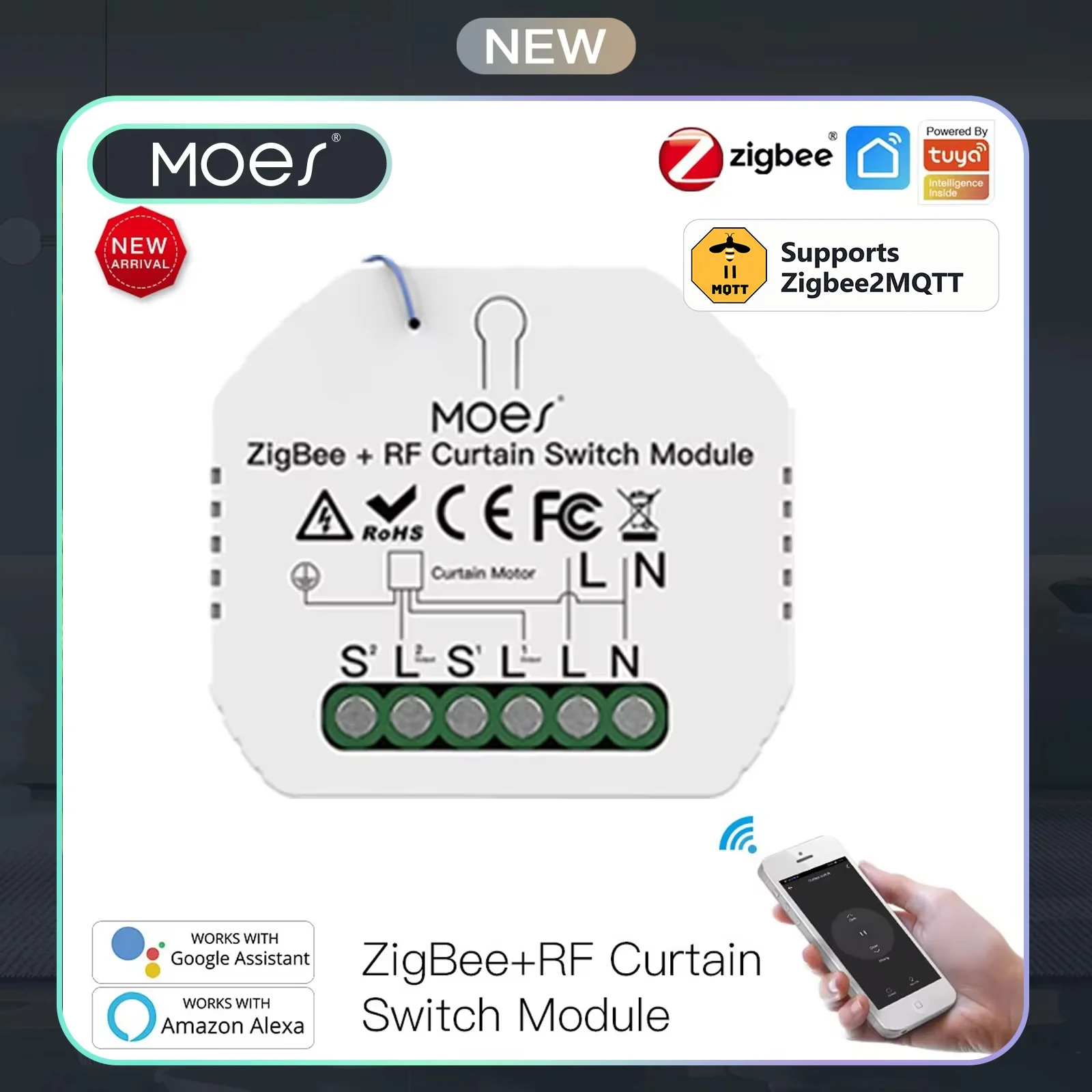 MOES Zigbee2MQTT Smart Blind Switch Module DIY RF433 Motorized Shutter Controller Tuya Smart Life Alexa Google Home Control