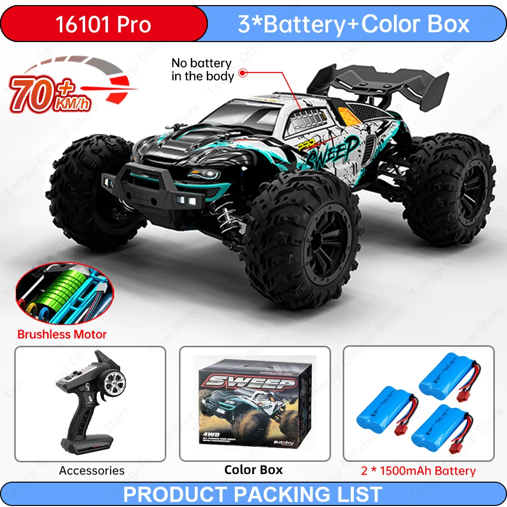 Teeggi 16101/16102 PRO 1:16 Hochgeschwindigkeits-Ferngesteuertes Auto mit LED, 70 km/h, Allradantrieb, professionelles Offroad-Auto, Monstertruck, Geschenkspielzeug