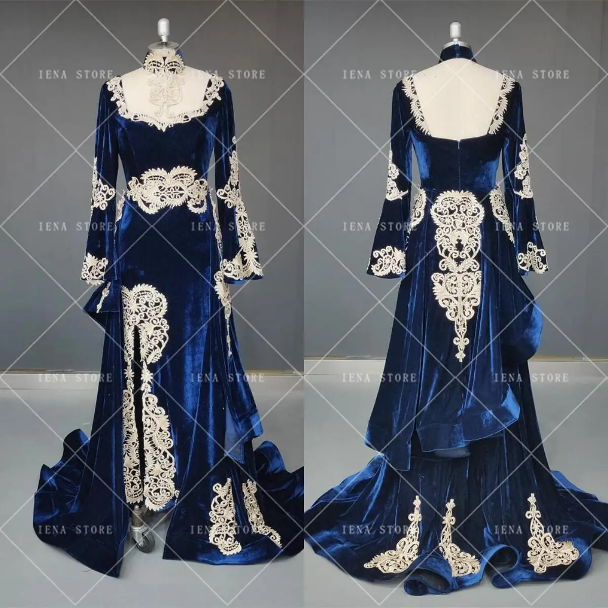 14560#Moroccan Caftan Evening Dress 3 Pieces Remove Skirt Appliques Gold Lace Long Sleeve Mermaid Velvet Prom Celebrity Gowns