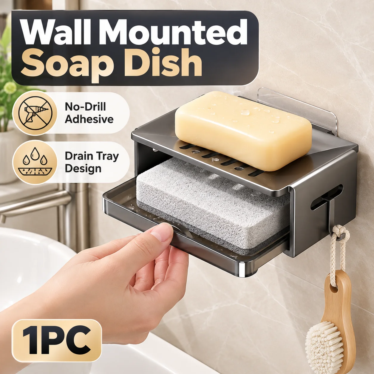 1PC 2 Tier Wall Mounted Soap Dish No Drill Drain Tray Soap Holder with Hooks for Bathroom Shower Kitchen Sponge Storage