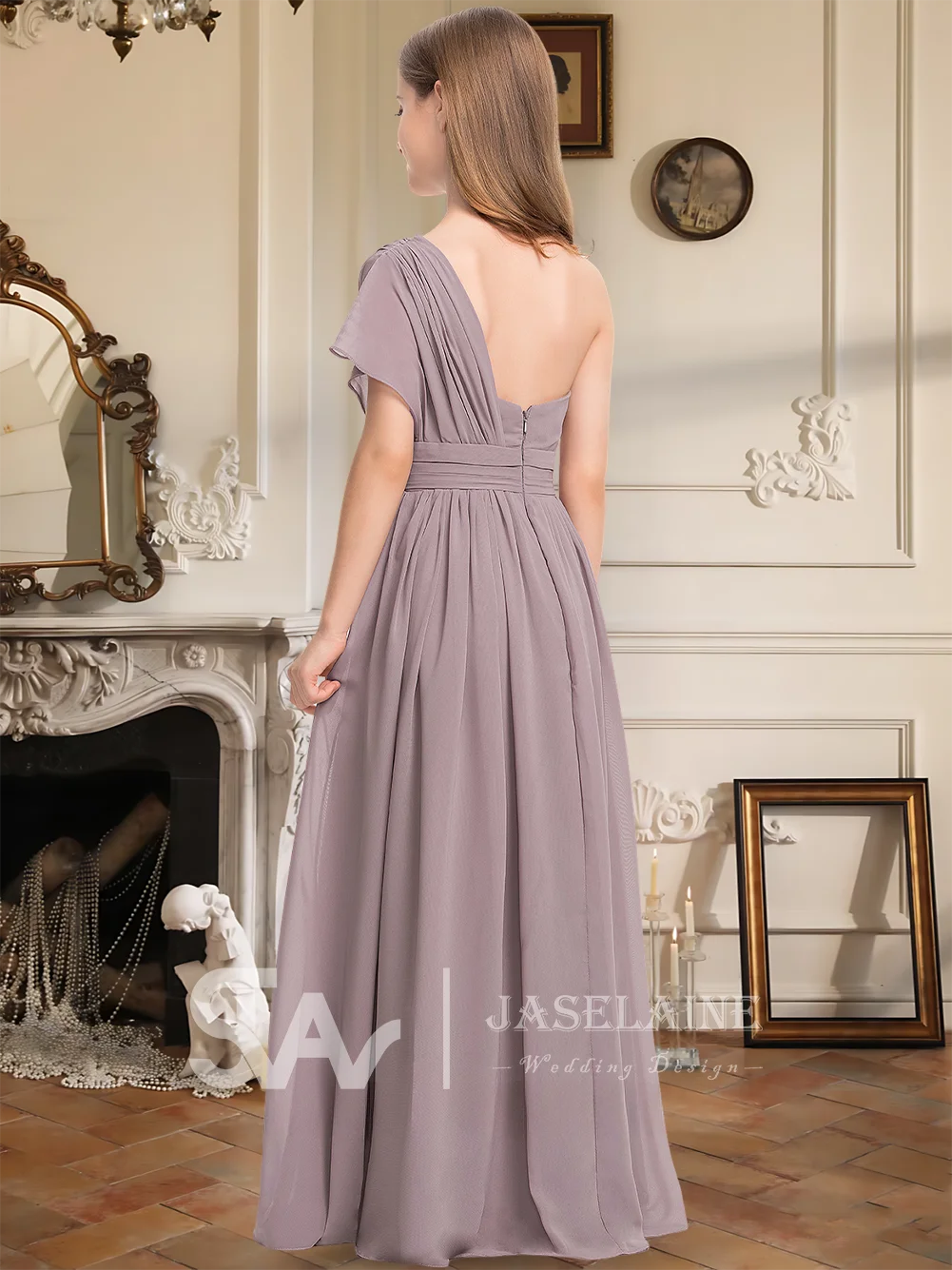 

B A Line Junior Bridesmaid Dress Flower Girl Dress Floor Length Chiffon One Shoulder Short Sleeve Wedding Party Formal Special