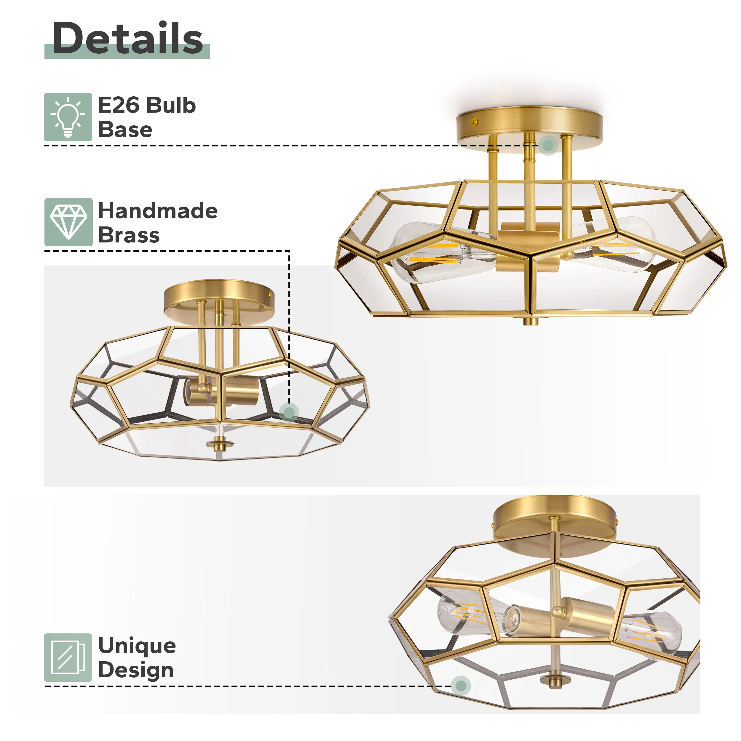 Meluaim Lámpara de techo empotrada: accesorio interior de latón y vidrio con base E26, elegante iluminación dorada para sala de estar/dormitorio