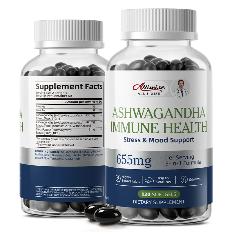 Allwise Ashwagandha 655Mg with Black Pepper – Stress & Mood Support, Immune Health – 120 Softgels – Non-Gmo, Gluten Free