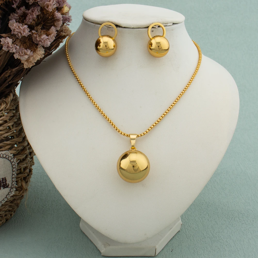 Einfache geometrische Metall-Halskette, Ohrringe, Set, kugelförmiger Anhänger für Damen, Edelstahl, vergoldet, lichtecht, trendiger Schmuck – Detail 4