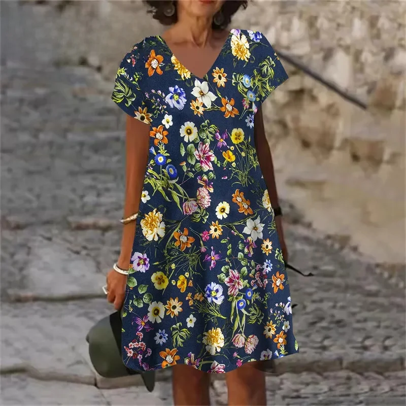 Robes d'été à motifs de fleurs et de plantes pour femmes, vêtements à la mode, grande taille, manches courtes, imprimé en 3D, décontracté, rétro, col en v, 6XL