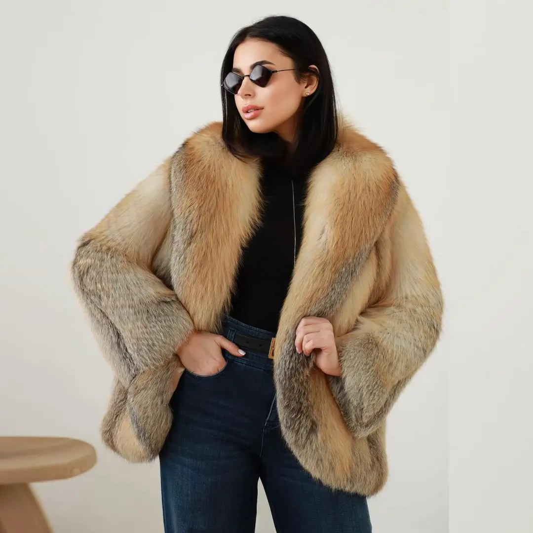 High Quality Women Real Gold Island Fox Fur Jacket with Big Turn-down Collar Winter Trendy Wholeskin Genuine Fox Fur Coat Women