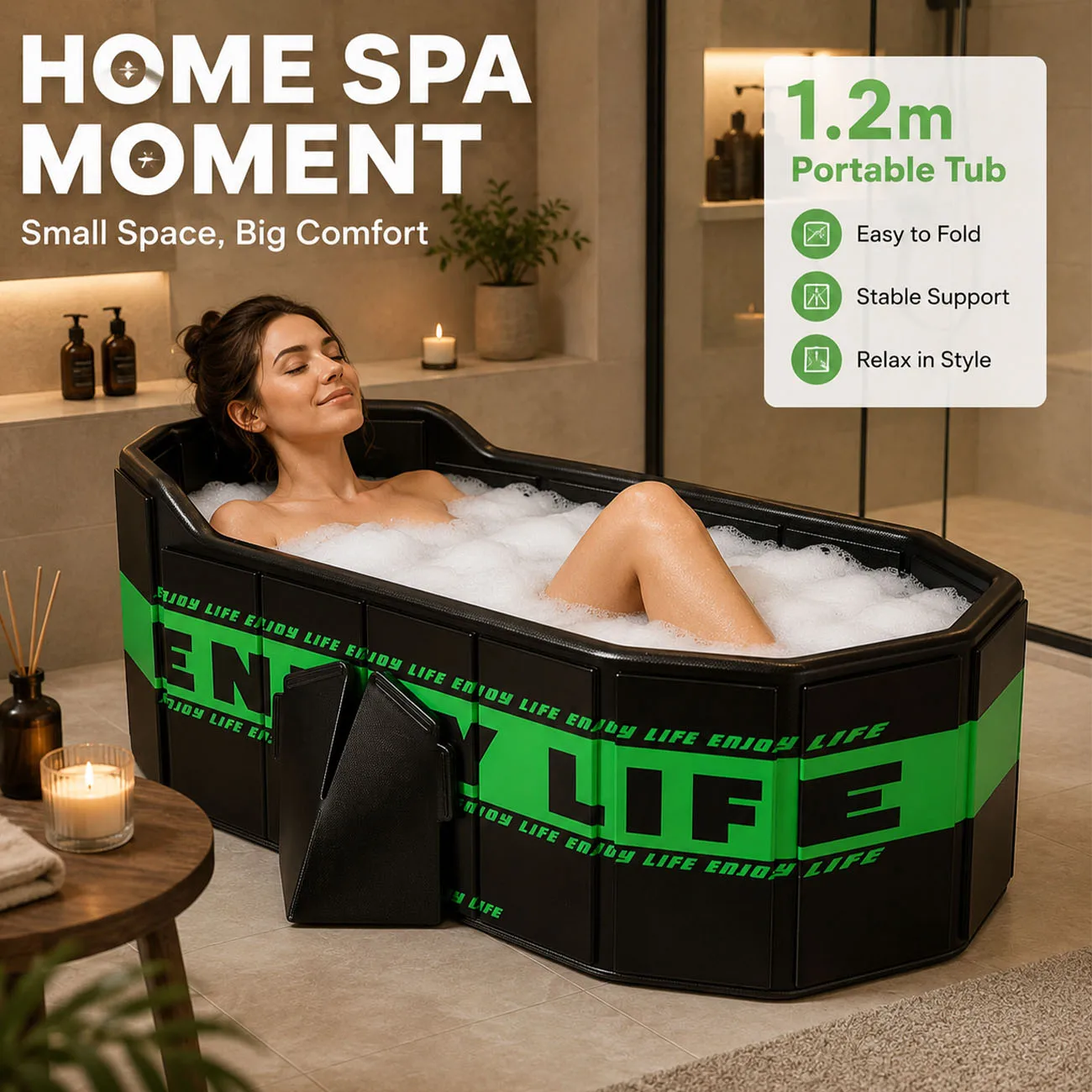 1PC Foldable Bathtub for Adults, Portable Soaking Tub with Thick Insulated Walls, Space-Saving Home Spa Bath Tub