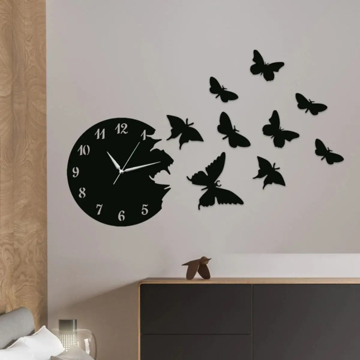 Butterfly Effect Wall Clock 10 Pieces Black Laser Cut Wall Clock Home Office Kitchen Decoration and Wall Clock