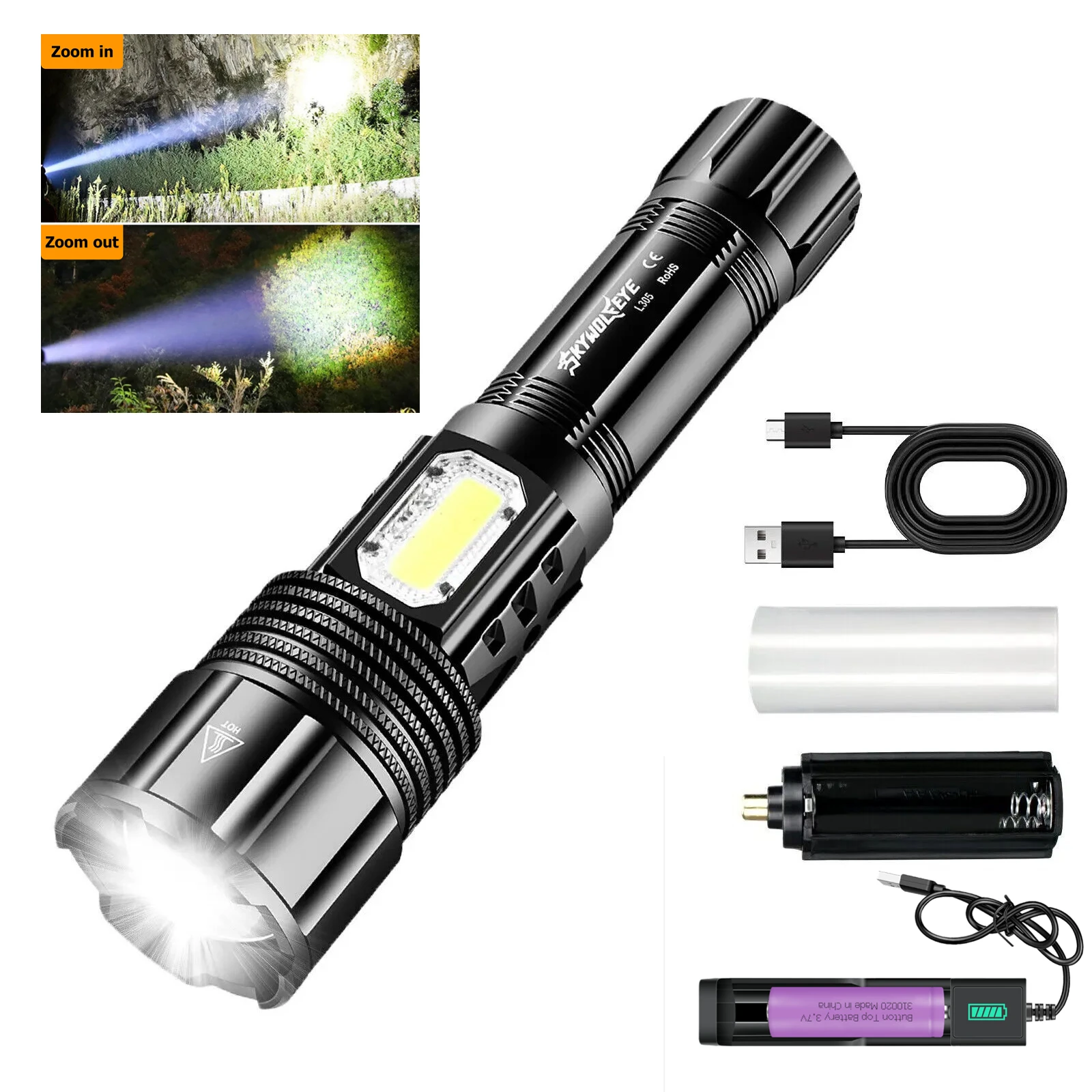 Rechargeable USB LED Flashlight Super Bright Police Torch Zoomable with Battery & Charger for Emergency and Everyday Use
