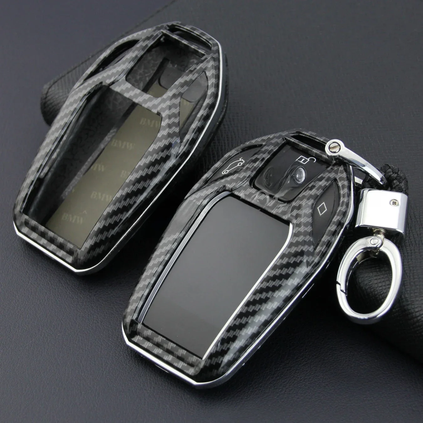 For BMW 5 6 7 8 Series X3 X4 X5 X7 G30 G31 G32 G11 G12 G70 G01 G02 G05 G07 Carbon Fiber LCD Screen Car Key Fob Case Cover Chain