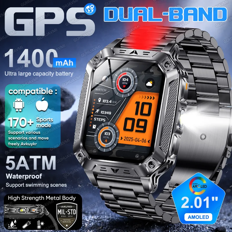 

2026 New Military Smart Watch Dual-Band GPS 1400mAh 2.01"AMOLED 5ATM Waterproof 170+ Sports Modes High-Tech Outdoor Smartwatches