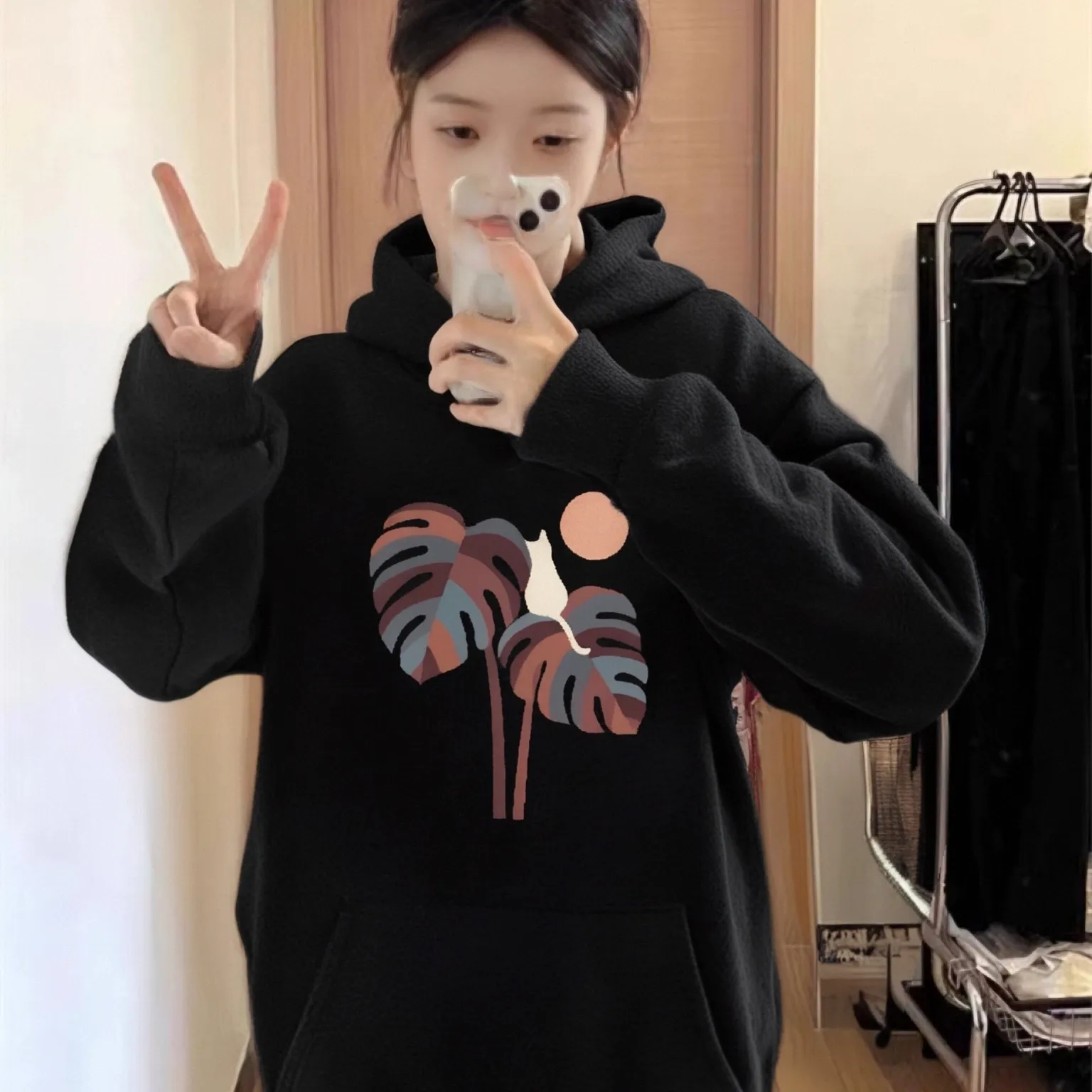 

Tropical Cat Hoodie Artistic Palm Tree Graphic Casual Loose Long Sleeved Autumn Winter Unique Nature Inspired Comfortable Top