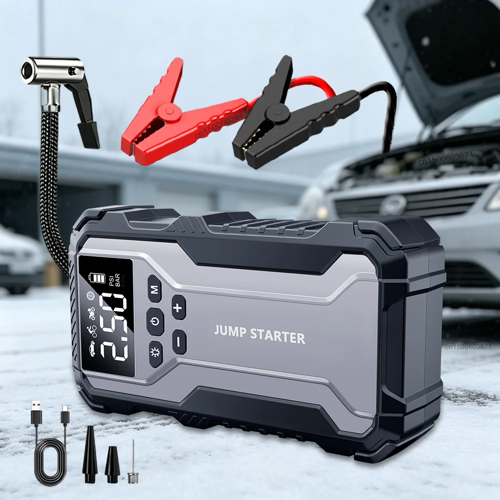 Tragbarer Auto-Starthilfegerät 12V Autobatterie-Starter 3200A Autobatterie-Booster mit Luftkompressor Luftpumpe Leistungsstarker Reifenfüller 8000mAh Powerbank Auto-Startgerät Autostarter mit