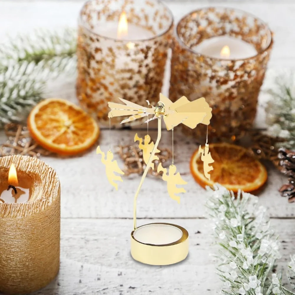 Weihnachtlicher goldener Kerzenständer aus Metall, Teelampenständer: Weihnachtsbaum-Teelampe, drehbarer Duftkerzenständer aus Eisen, drehbare Kerze