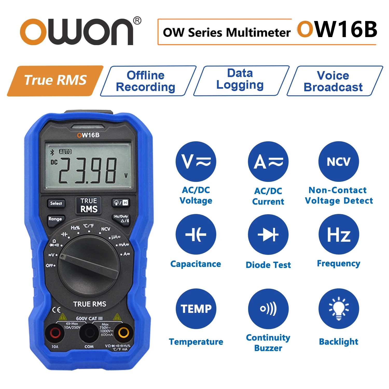 OWON OW16B Multifunctional Digital Multimeter with Bluetooth and NCV True RMS test Backlit Voltage Test Table, Easy to Install