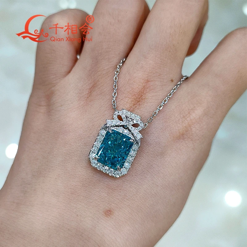 Emerald cut 9*11mm yellow color radiant ice cz stone  bow-knot  925 silver white moissanite Pendant Necklace chain jewelry