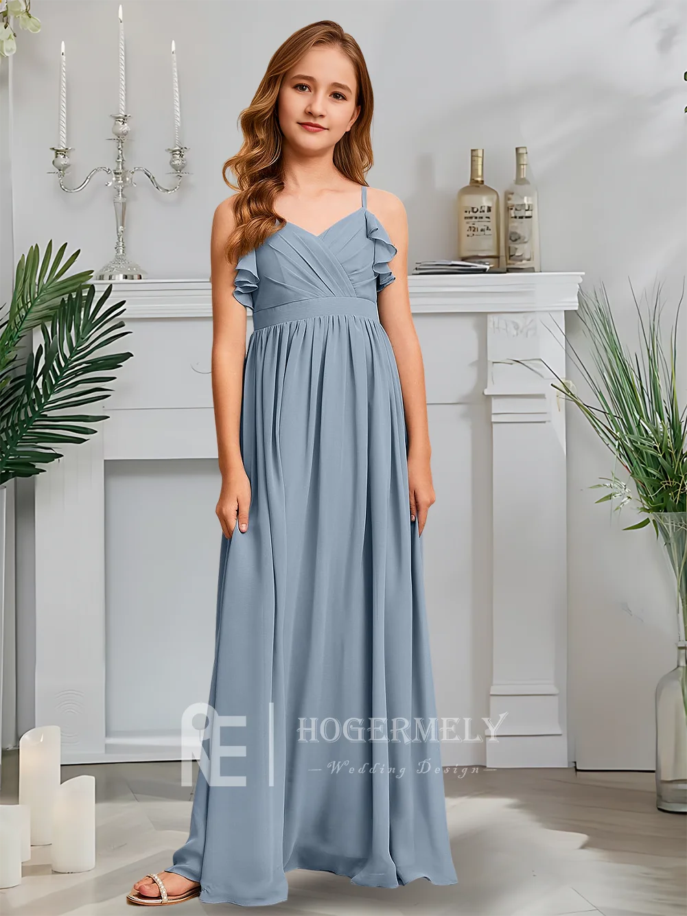 Luxuoso linha a júnior vestido de dama de honra crepúsculo azul flor menina vestido com decote em v chiffon até o chão jardim gala festa de casamento