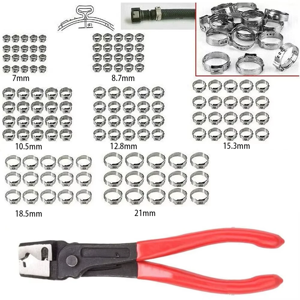 130pcs single ear hose clamps with pliers, 304 stainless steel PEX clamps, for pipe fittings, compression ring clamps 7sizes