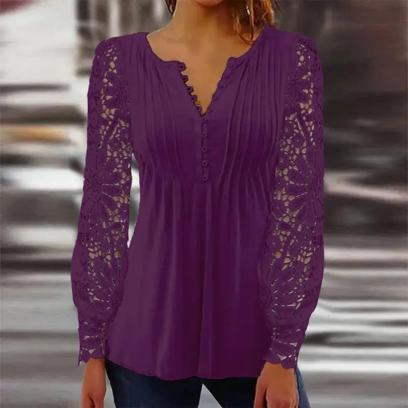 2024 Elegant Causal Blouses Sexy Fashion Soild V-neck Long Sleeve Women Shirts Lace Hollow Out Patchwork Design Office Lady Tops