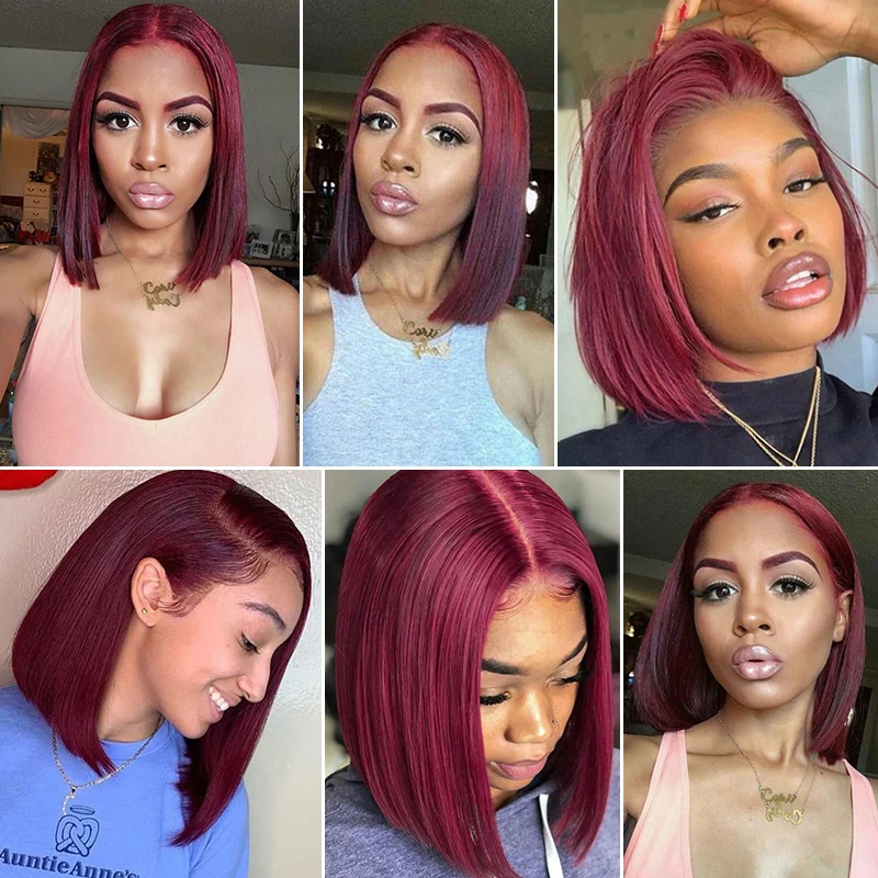 99J Color Bob Wig Human Hair 13x4 HD Lace Frontal Short Straight Lace Front Bob Wigs for Black Women Human Hair Pre Plucked 200% Density Wine Red 99J Burgundy Color 14 Inch - view 7