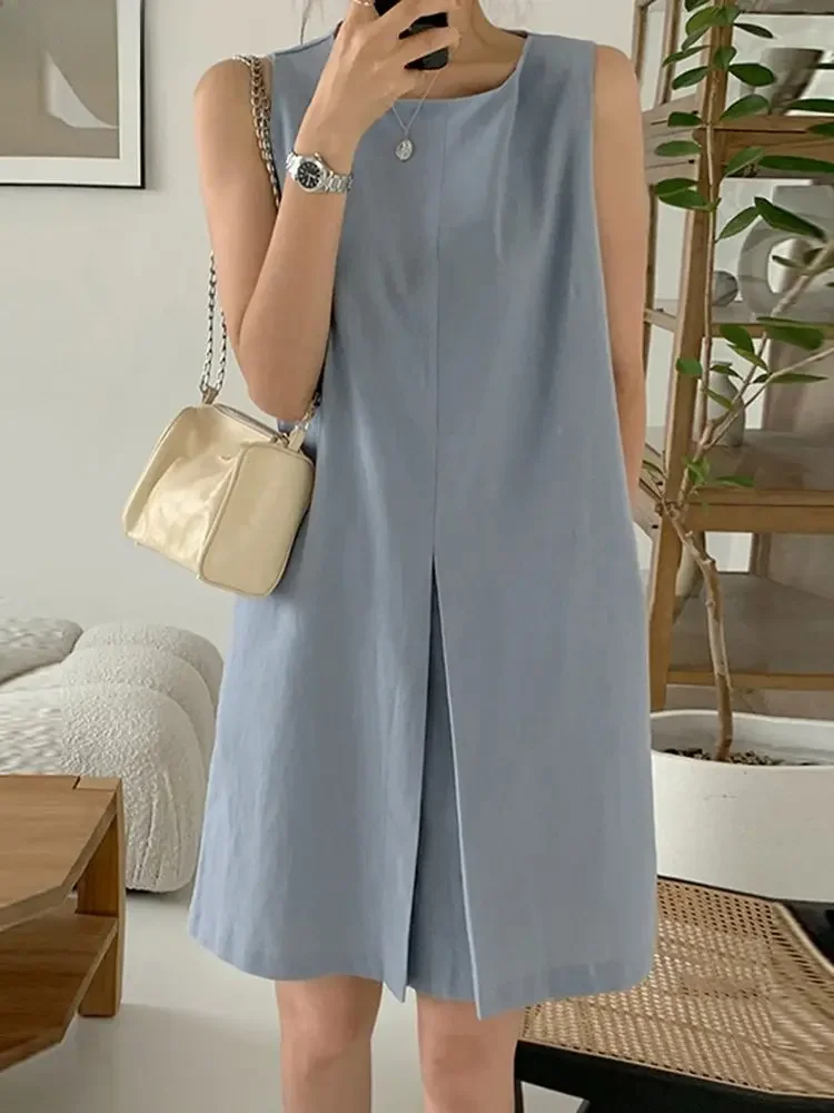 ZANZEA Women Tank Dresses Oversized 2024 Summer Sleeveless Knee Vestidos Casual Solid Loose O Neck Sundress Pockets Robes Femme — zdjęcie 2