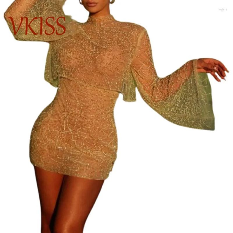 Sexy Mini See Through Cocktail Dresses Casual Slim Long Sleeve High Neck Simply Nightclub Skirt Fashion Evening Celebrity Dress