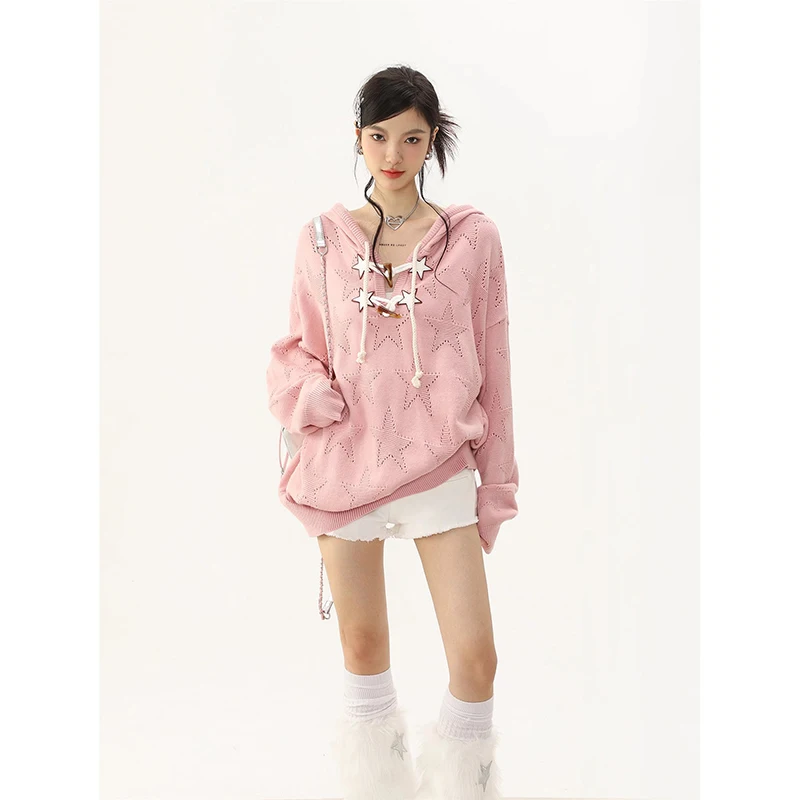 

Hooded Cardigan Knitting Autumn Women Coat Horn Buckle Chic Design Pullovers Sweater Temperament Solid Color Tops Sweet Knitwear