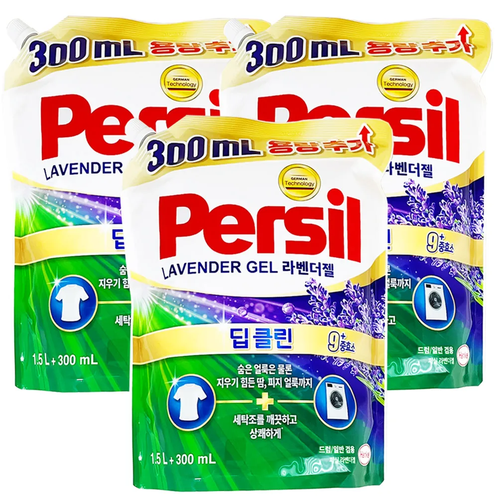 퍼실 라벤더 겸용 리필 1.5L+300ml x 3개, 일반 드럼 액체 세탁세제 리필