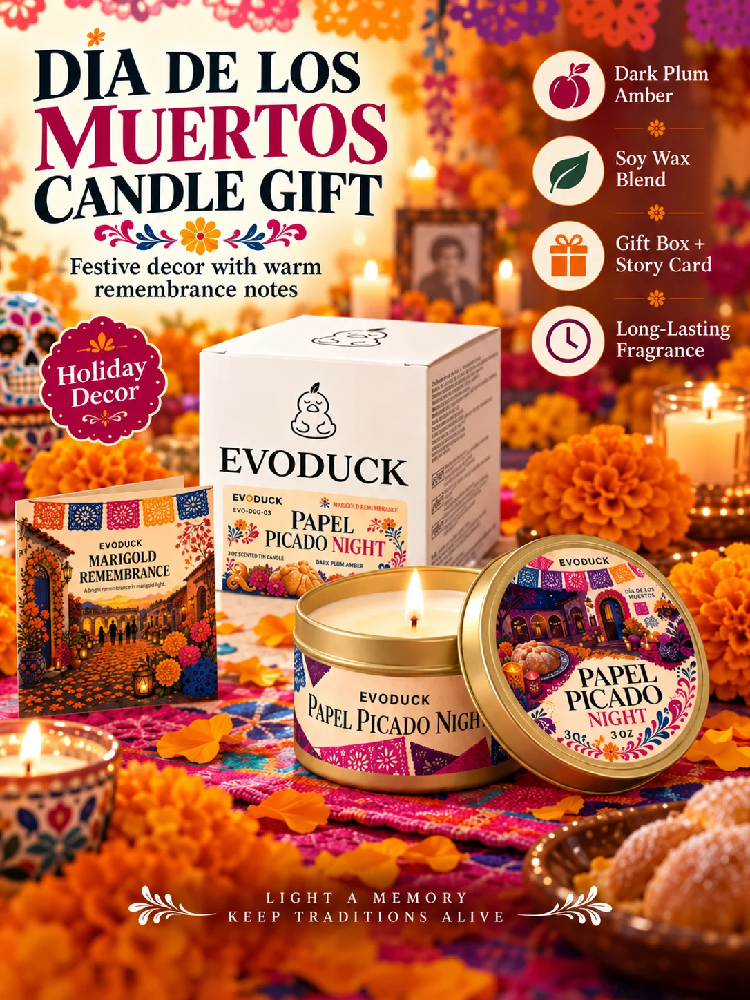 1pc Day of the Dead Candle Papel Picado Plum Scented Tin Candle 3oz with Gift Box, Blackberry Amber Dia De Muertos Ofrenda Decor