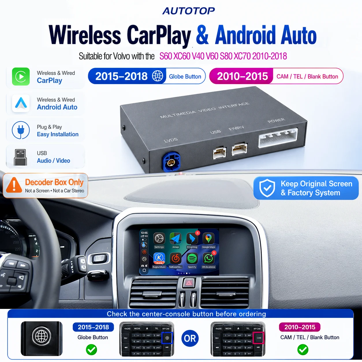 Kit di aggiornamento decodificatore wireless CarPlay e Android Auto AUTOTOP per Volvo XC60 XC70 S60 S80 V60 V70 V40 2010-18, interfaccia retrofit per schermo da 7 pollici OEM, Bluetooth, AUX, USB, AI