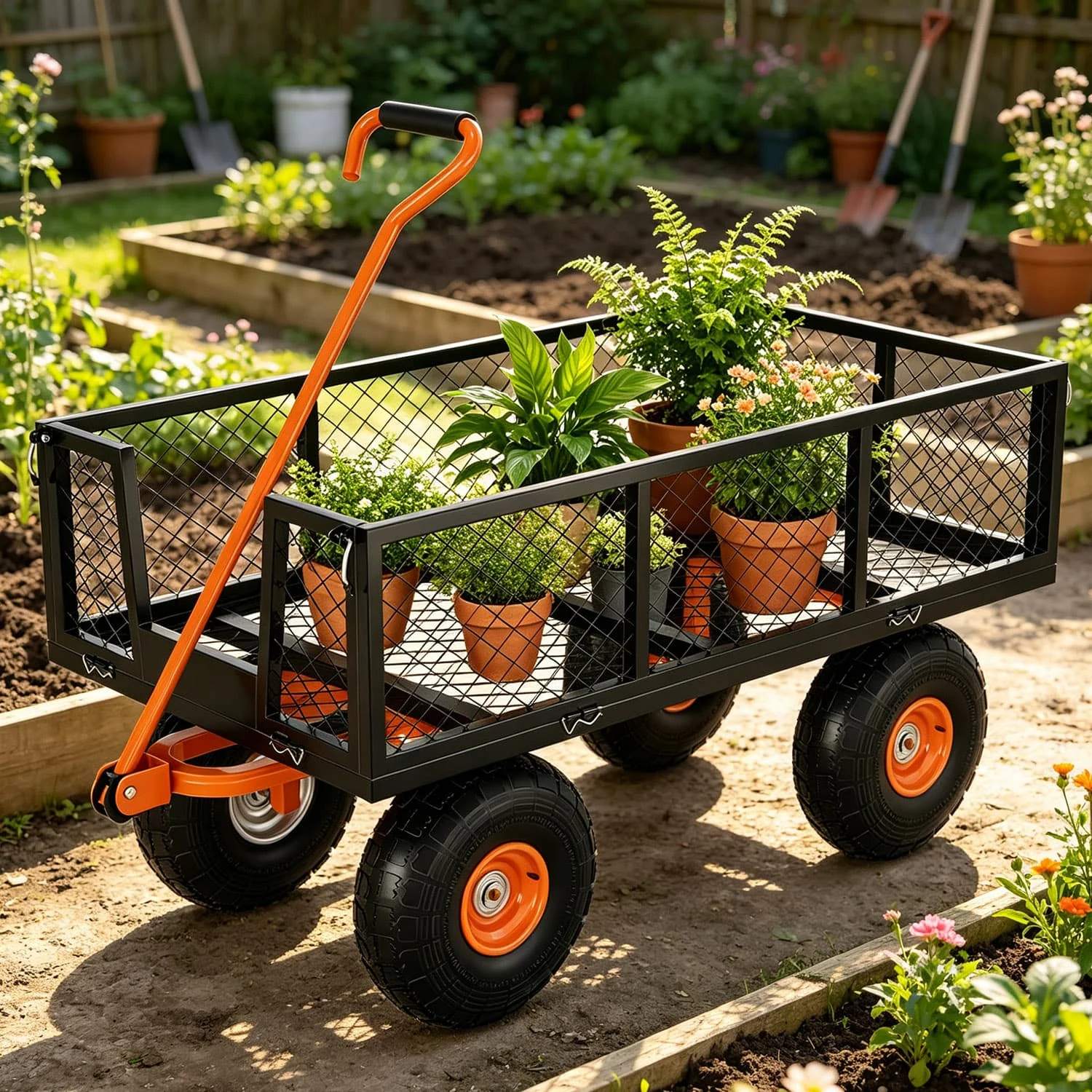 Carrito de Jardín de Acero HiMISS para Césped y Patio con Capacidad de Carga de 500 lb, Laterales Extraíbles, Mango Largo y Llantas de 10 Pulgadas