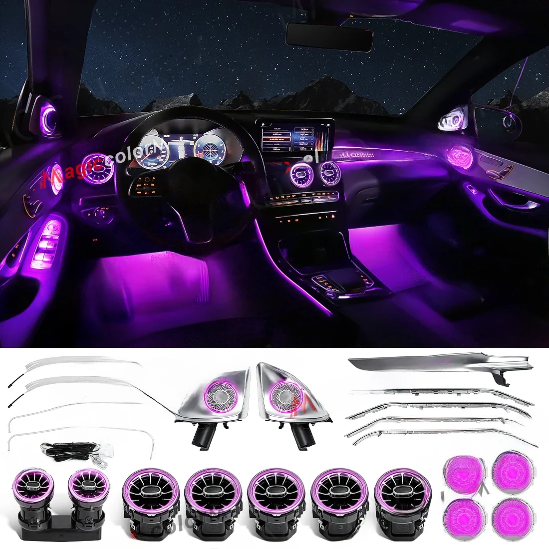 Dla Mercedes-Benz W205 C GLC X253 2014-2019 Samochodowe oświetlenie otoczenia 64 kolory RGB LED Otwory wentylacyjne Głośnik Stopka Oświetlenie dekoracyjne Modernizacja — zdjęcie 2