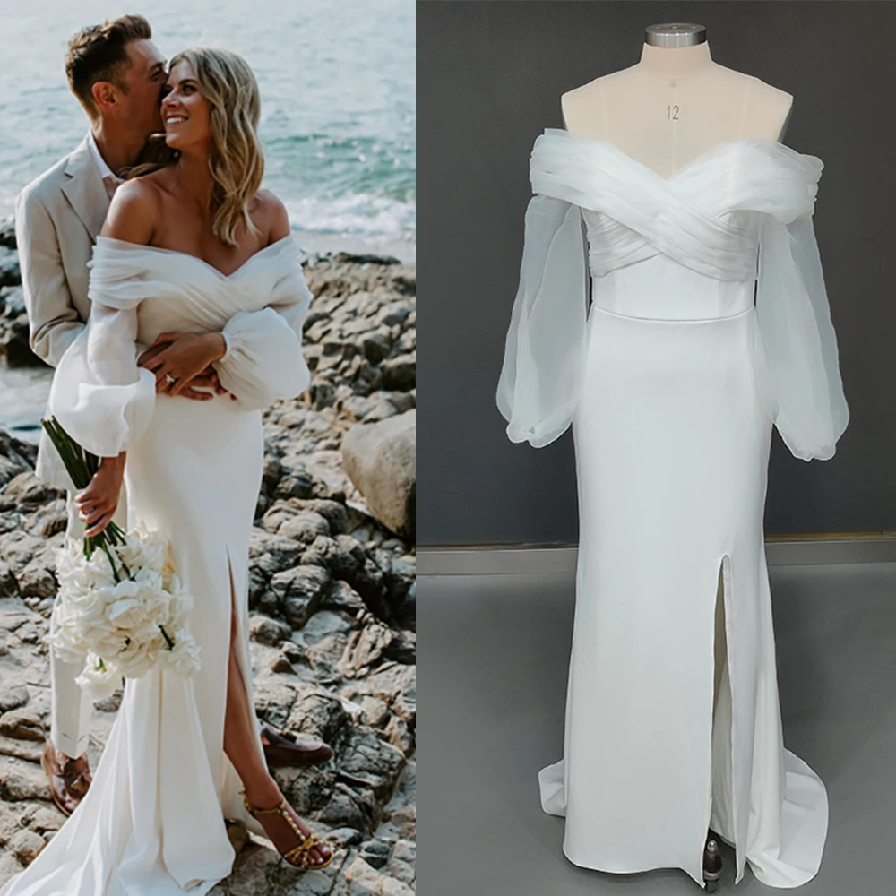 Vestido de novia tubo de Organza fruncido con hombros descubiertos, botones personalizados, abertura alta, crepé Simple, cuello en V, vestidos de novia de playa mínima