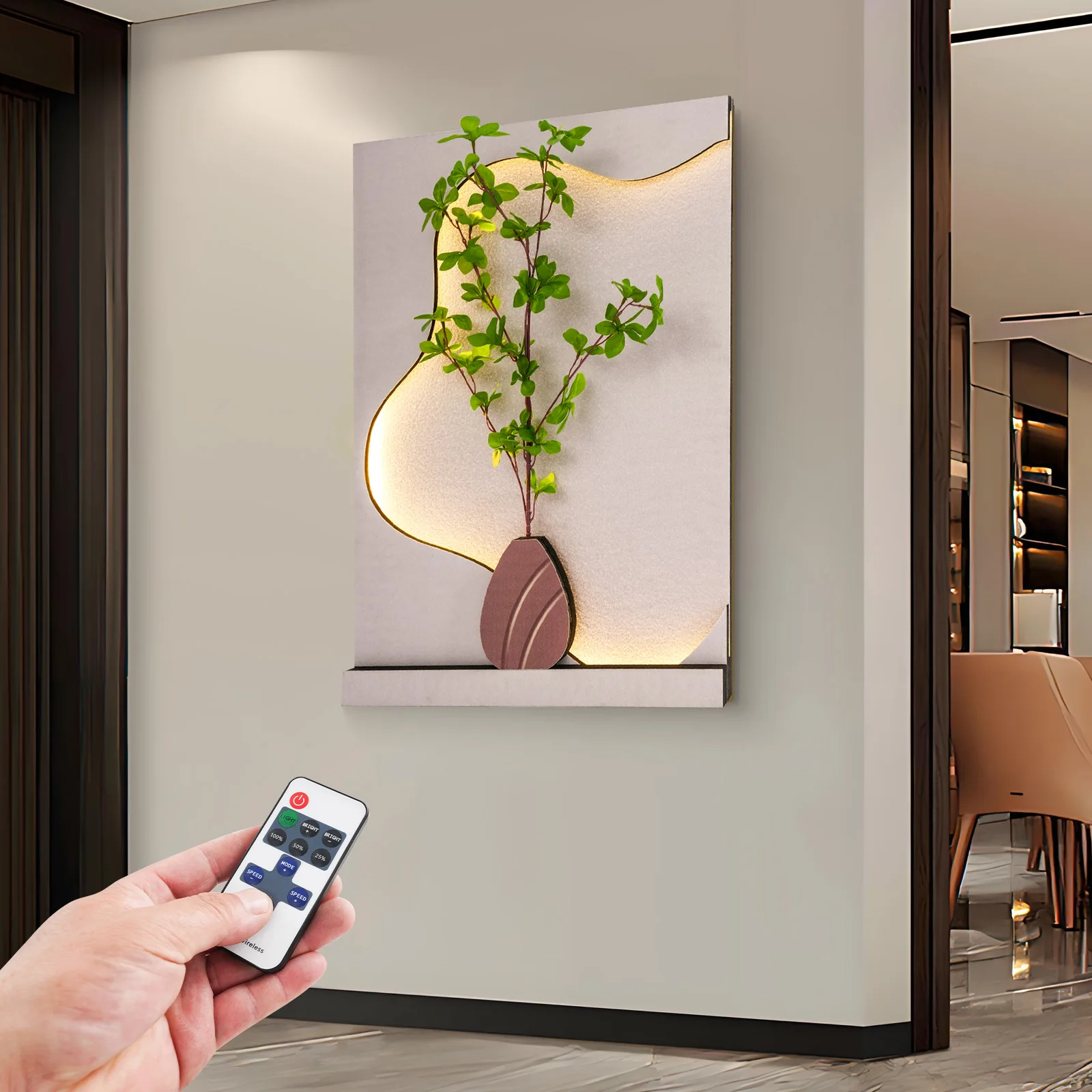 لوحة فنية جدارية من الحجر الرملي مع ضوء LED وجهاز تحكم عن بعد، نمط زهرة ثلاثي الأبعاد مصنوع يدويًا لغرفة المعيشة وغرفة النوم، ديكور المكتب المنزلي