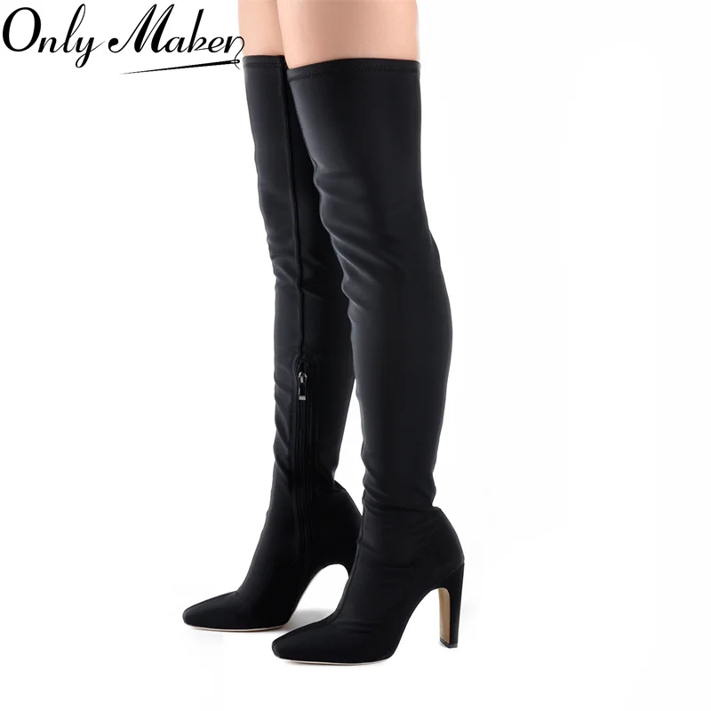 

Onlymaker/женские сапоги выше колена с боковой молнией, эластичные квадратные сапоги выше колена на массивном блочном каблуке, сексуальные сапоги до бедра