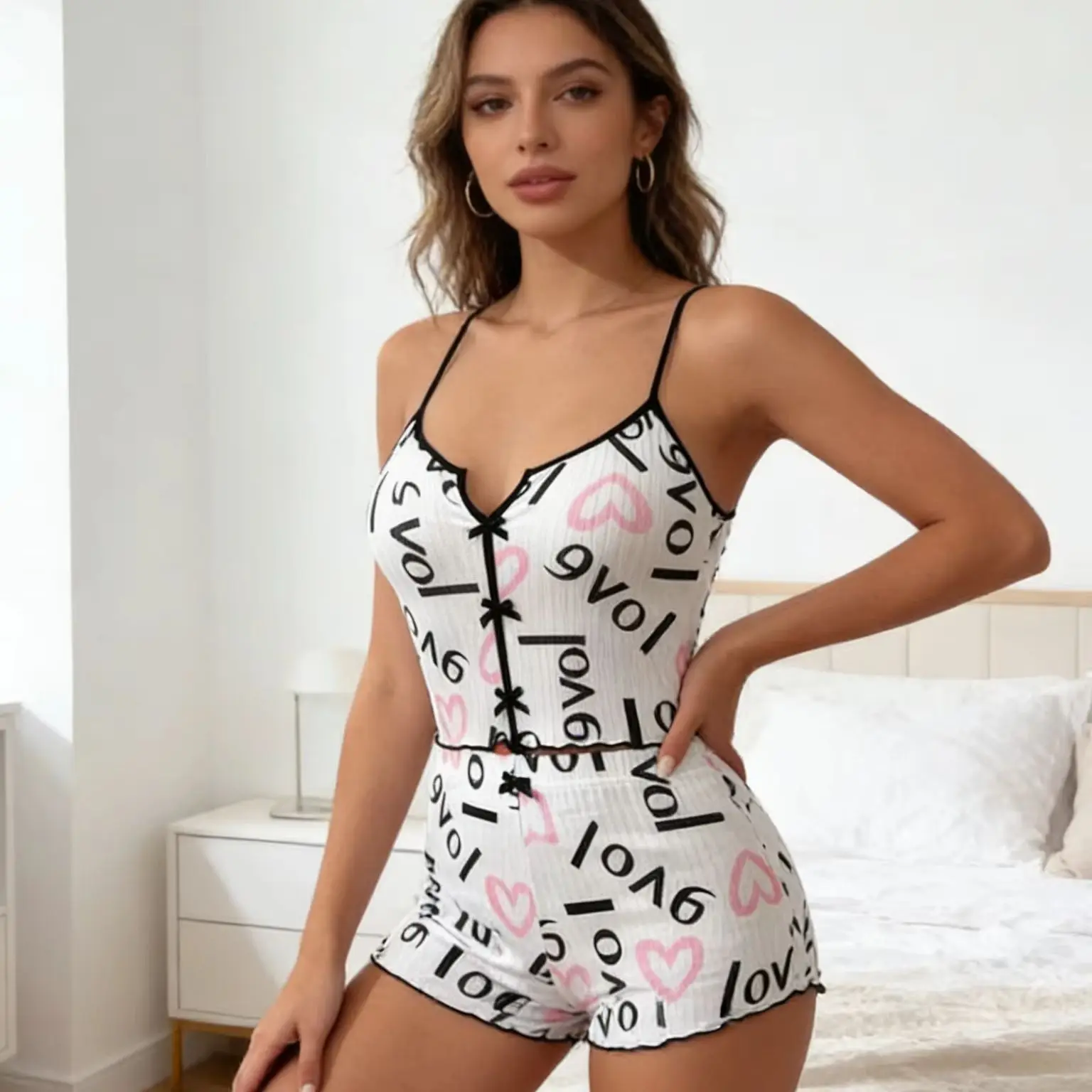 

Женский повседневный пижамный комплект с принтом в виде сердечек, летний домашний пижамный комплект