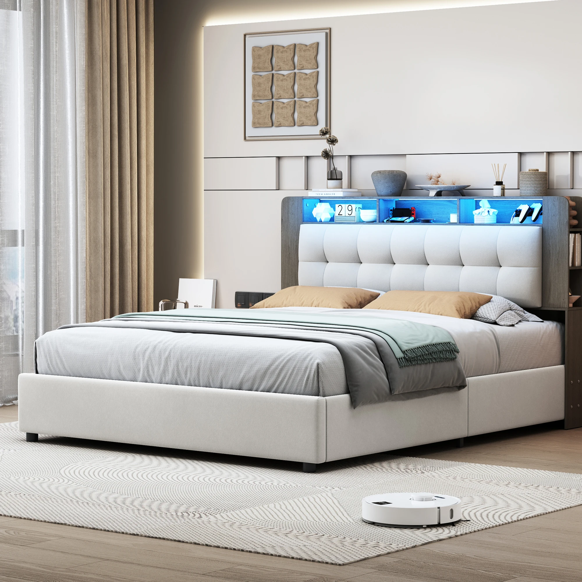 Anajqaqia Letto matrimoniale imbottito 140x200 cm, letto idraulico con spazio portaoggetti, con illuminazione a LED e ricarica USB, velluto, beige